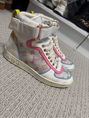Louis Vuitton Multicolor Monogram High-Top Sneakers — White, Pink, Blue, Yellow